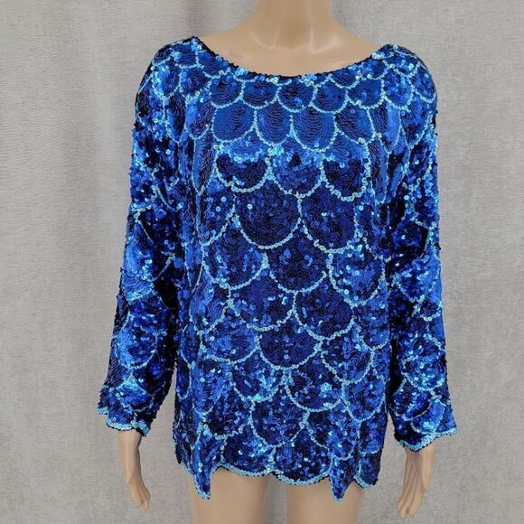 Isabelle 80s Vintage Silk Beaded Sequin Blouse Mermaid Fishscale Pattern Blue - Picture 1 of 9